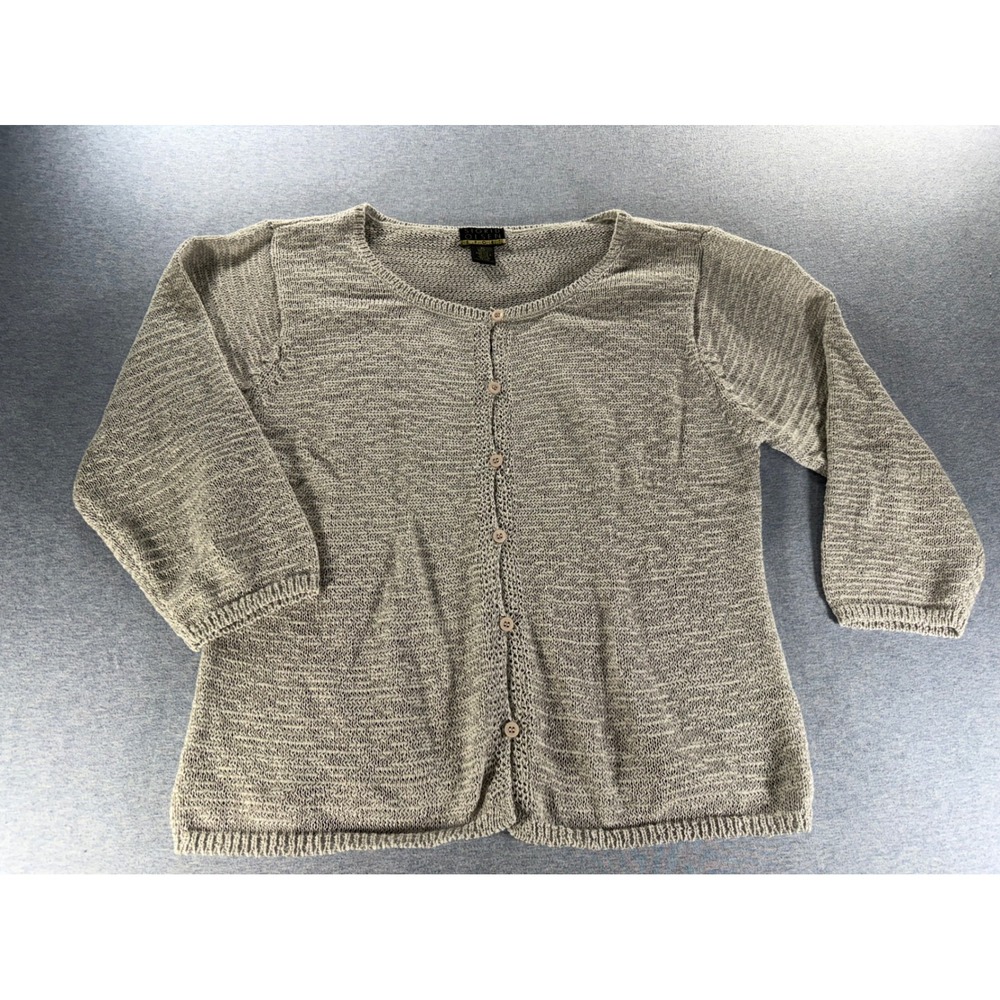 Sigrid Olsen Sport Grey ribbon Knit Cardigan Sweater XL Women Crew Neck Button